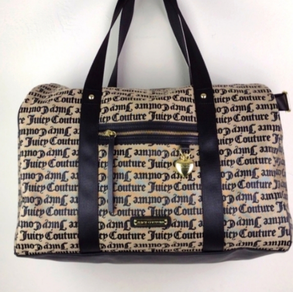Juicy Couture L.A. Tan & Black Canvas Weekender Crossbody Duffle Bag Tote NWOT - Picture 1 of 16